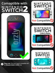 Compatibility image showing the Nintendo Switch 2 case works with the Switch 2 but not with Nintendo Switch, Switch OLED, or Switch Lite.