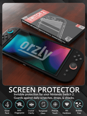 Orzly Nintendo Switch 2 screen protector features: anti-fingerprint coating, crystal-clear clarity, 9H tempered glass, precise touch, bubble-free installation, and quad pack.
