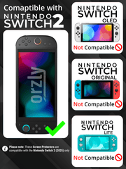 Compatibility chart showing Orzly screen protectors designed exclusively for Nintendo Switch 2, not compatible with Nintendo Switch, Switch OLED, or Switch Lite.