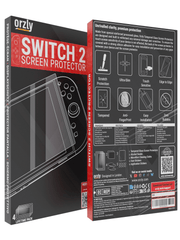 Front and back views of Orzly Nintendo Switch 2 screen protector packaging, highlighting premium features and design.