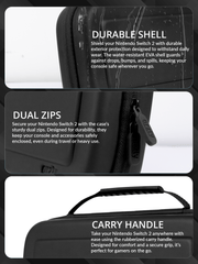 Nintendo Switch 2 case highlighting exterior features: durable water-resistant EVA shell for protection, sturdy dual zips for secure closure, and a rubberized carry handle for comfortable portability.