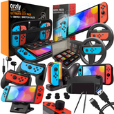 Orzly Accessories Bundle for Switch Geek Pack: Case & Screen Protector, Joycon Grips & Racing Wheels, Controller Charge Dock, Comfort Grip Case & More