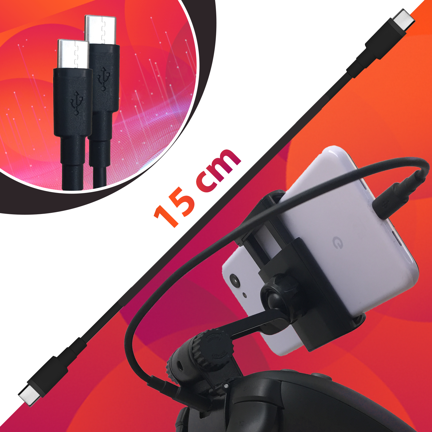 Short Type-C to Type-C Connector Cable for PS5, Xbox, Stadia Phone Mounts - Black - Orzly