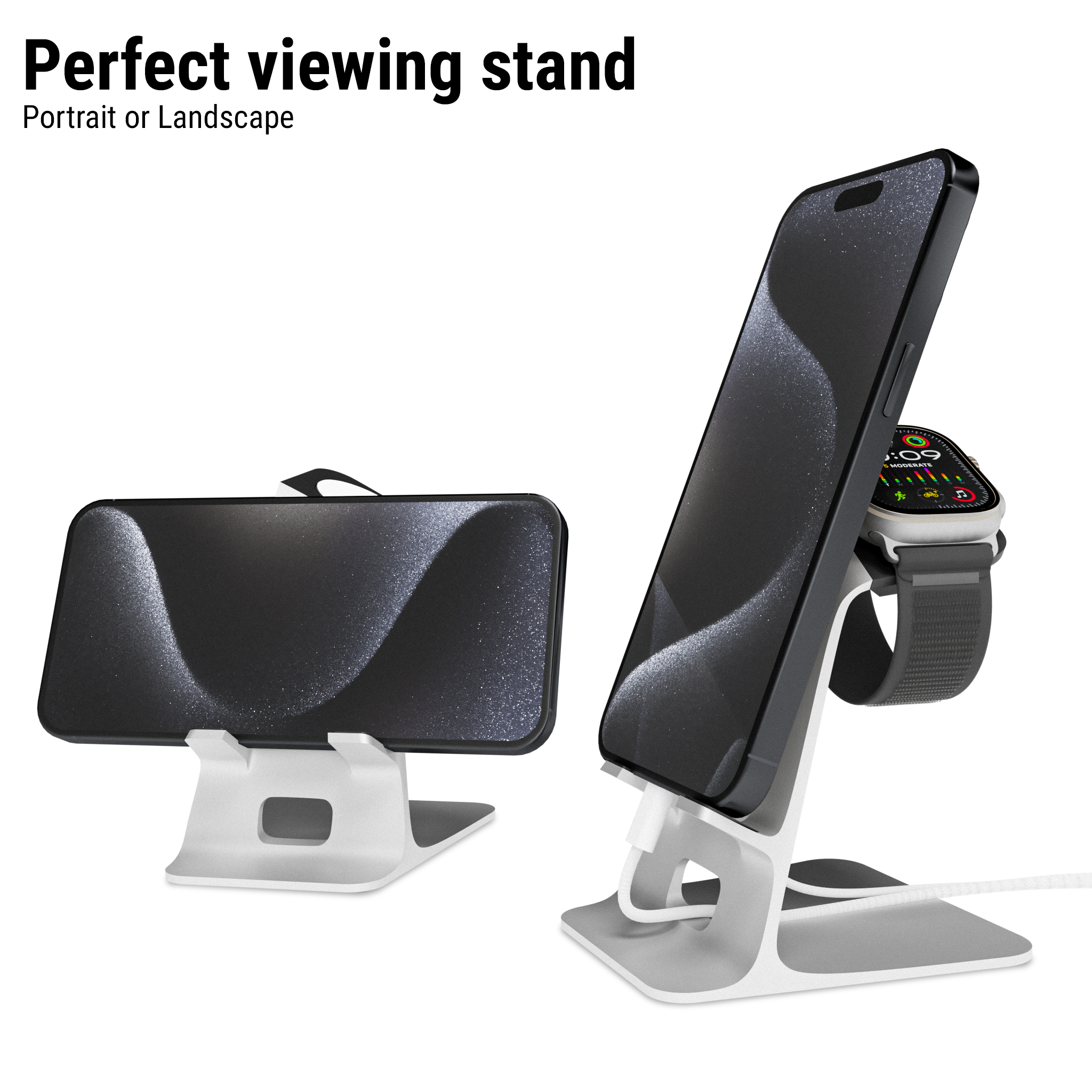 Orzly Duo-Stand Aluminium Desk Tidy Display for all iPhone devices & Apple Watch (Gen: 7,6,5,4,3,2,1) & All Sizes: (38, 42, 40, 41, 44, 45 mm) - Orzly