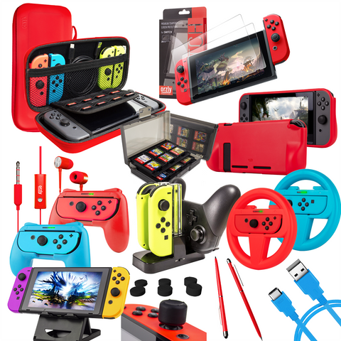 Orzly Accessories Bundle for Switch Geek Pack: Case & Screen Protector, Joycon Grips & Racing Wheels, Controller Charge Dock, Comfort Grip Case & More - Orzly