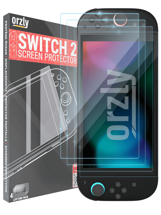 Orzly Nintendo Switch 2 screen protector quad pack with packaging, compatible with Nintendo Switch 2 [2025], including 4 tempered glass protectors. 1500