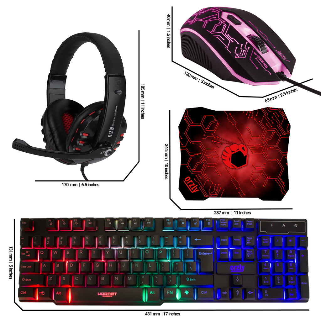 Orzly Pink Gaming Keyboard and Mouse Headset Headphones and Mouse Pad, Wired LED RGB Backlight Bundle Pink PC Accessories for Gamers and Xbox and PS4