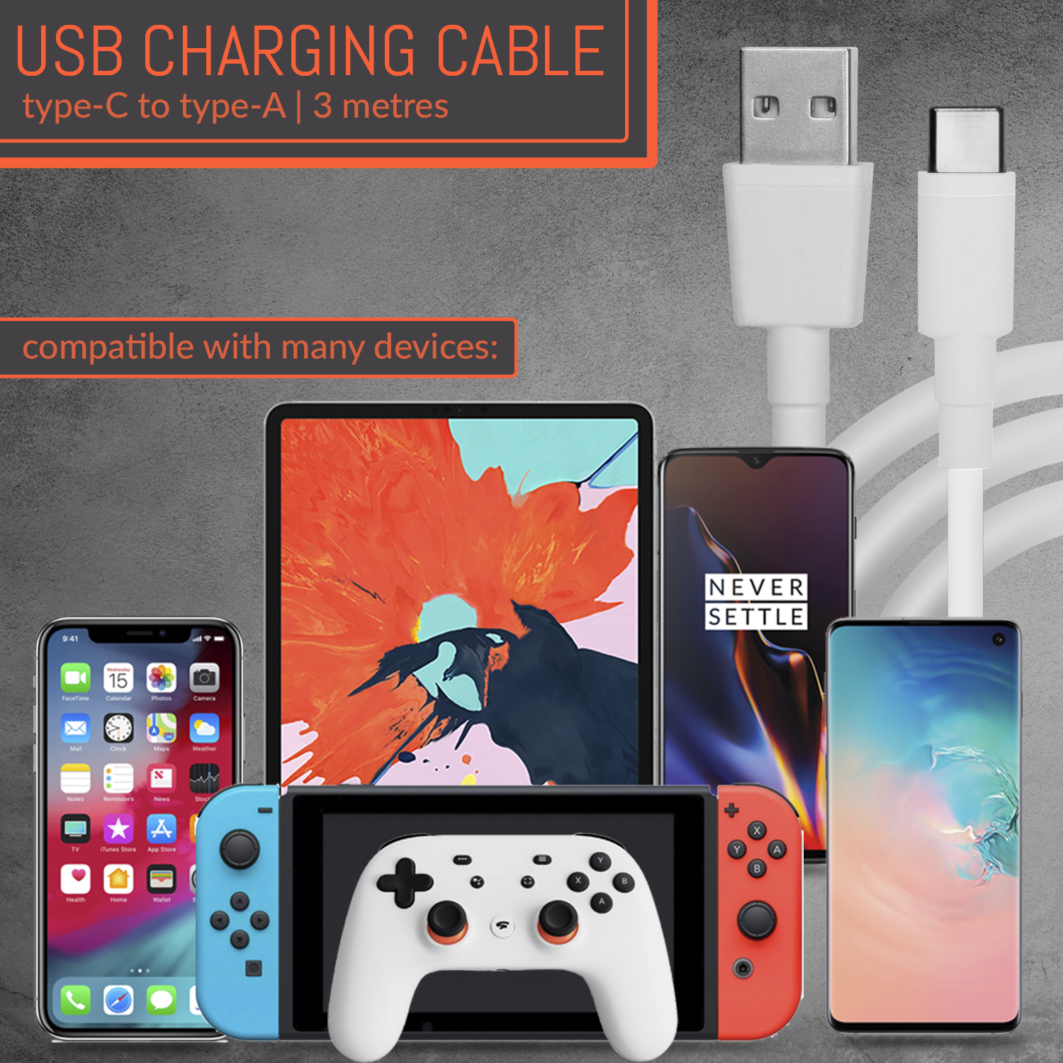 USB Type-C to Type-A Charging Cable [3 metres] - Orzly