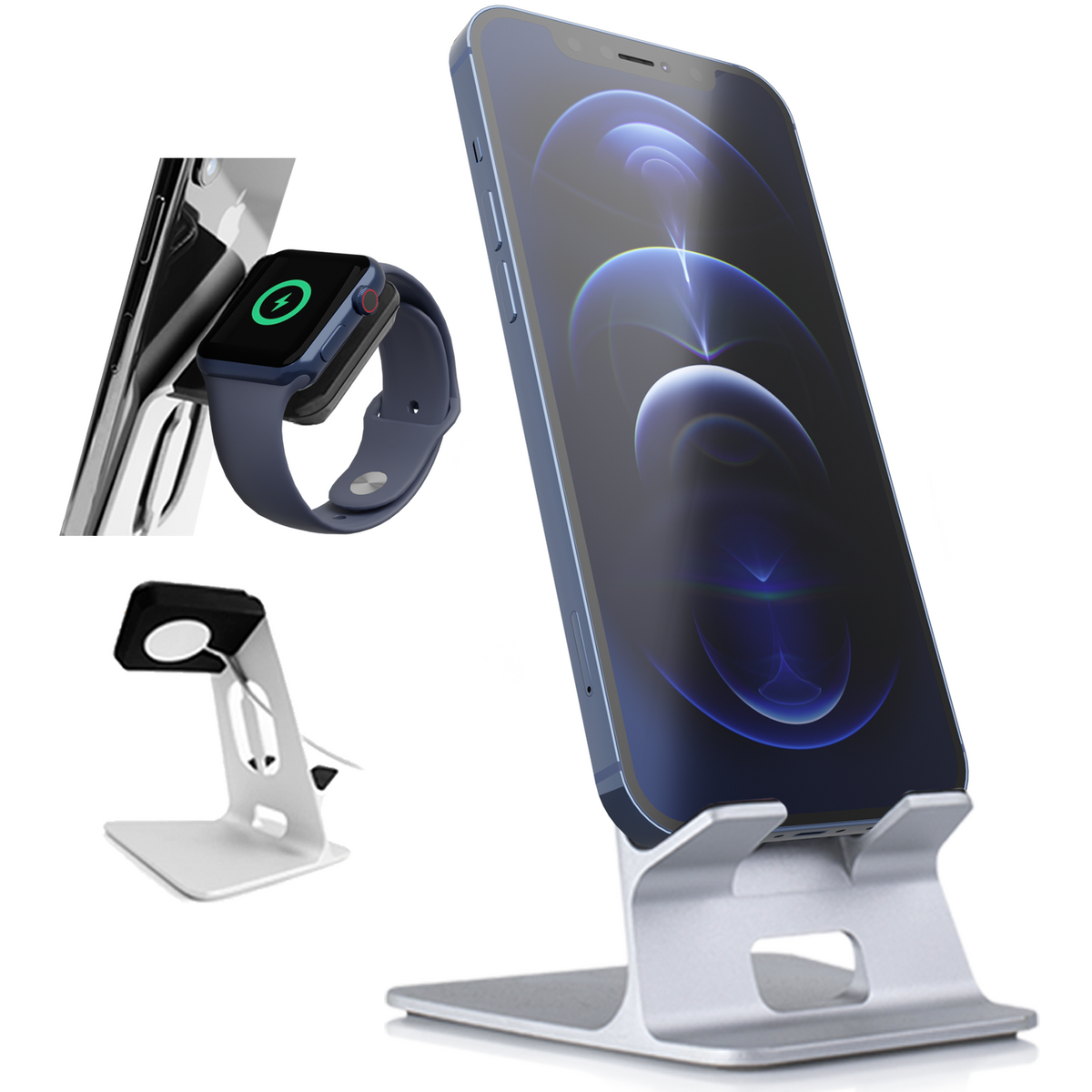 Orzly Duo-Stand Compatible with Apple Watch All Series: (SE, 6,5,4,3,2,1) & All Sizes: (38mm & 42mm & 40mm & 44mm) – Aluminium Desk Stand for iPhone & Apple Watch - Orzly