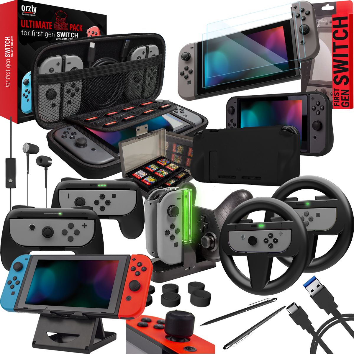 Orzly Accessories Bundle for Switch Geek Pack: Case & Screen Protector, Joycon Grips & Racing Wheels, Controller Charge Dock, Comfort Grip Case & More - Orzly