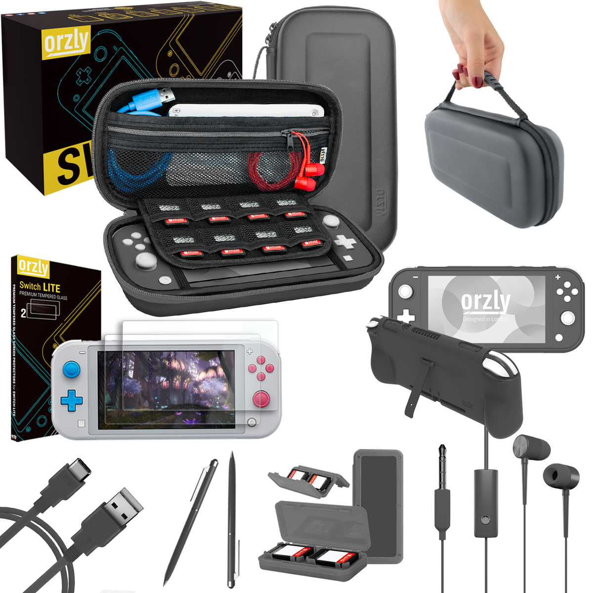 Orzly Switch Lite Accessories Bundle - compliments Pokemon Dialga & Palkia console, Case & Screen Protector for Nintendo Switch Lite Console, USB Cable, Games Holder, Comfort Grip Case, Headphones, Thumb-Grip Pack & More - Grey - Orzly