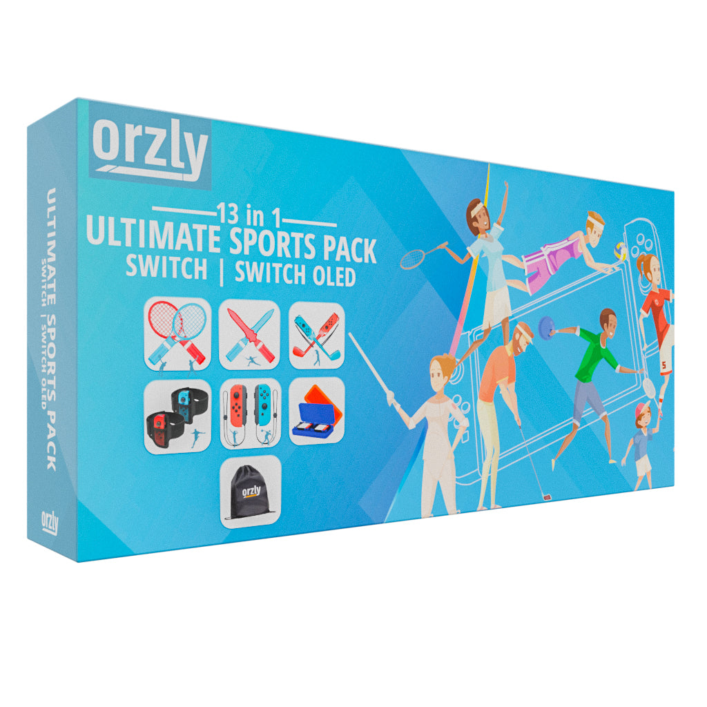 Orzly 13 in 1 Switch Sports Accessories Bundle for Nintendo Switch & Switch OLED Sports Games with Tennis Rackets, Golf Clubs, Chambara Swords, Football Leg Straps & Joycon Grips - With Carry Bag