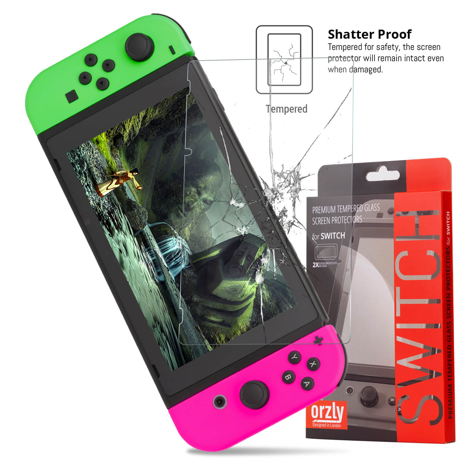 Orzly Premium Tempered Glass Screen Protector for Nintendo Switch - Orzly