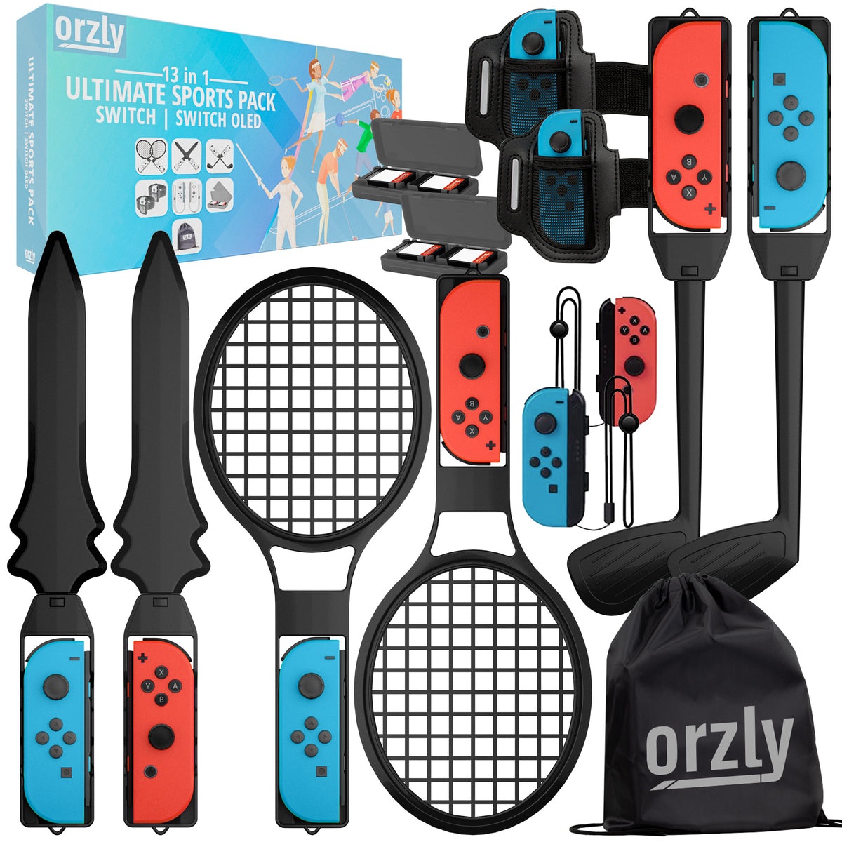 Orzly 13 in 1 Switch Sports Accessories Bundle for Nintendo Switch & Switch OLED Sports Games with Tennis Rackets, Golf Clubs, Chambara Swords, Football Leg Straps & Joycon Grips - With Carry Bag - Orzly