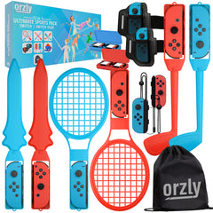 Orzly 13 in 1 Switch Sports Accessories Bundle for Nintendo Switch & Switch OLED Sports Games with Tennis Rackets, Golf Clubs, Chambara Swords, Football Leg Straps & Joycon Grips - With Carry Bag