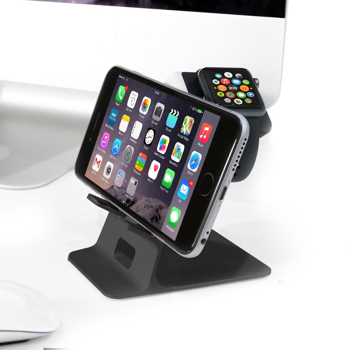 Orzly Duo-Stand Compatible with Apple Watch All Series: (SE, 6,5,4,3,2,1) & All Sizes: (38mm & 42mm & 40mm & 44mm) – Aluminium Desk Stand for iPhone & Apple Watch - Orzly