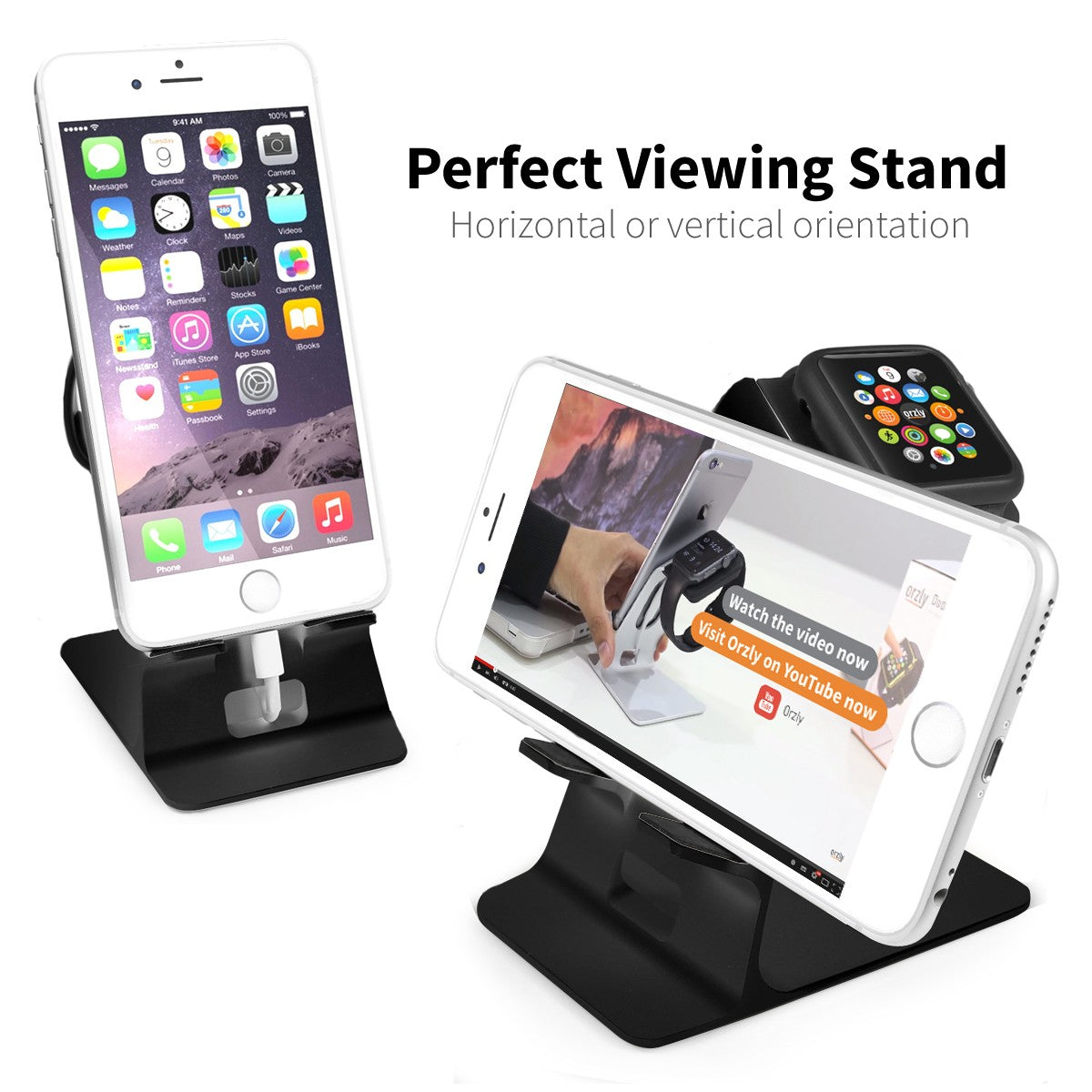 Orzly Duo-Stand Compatible with Apple Watch All Series: (SE, 6,5,4,3,2,1) & All Sizes: (38mm & 42mm & 40mm & 44mm) – Aluminium Desk Stand for iPhone & Apple Watch - Orzly