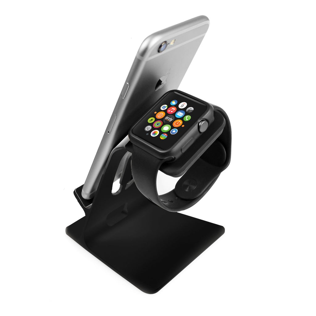 Orzly Duo-Stand Compatible with Apple Watch All Series: (SE, 6,5,4,3,2,1) & All Sizes: (38mm & 42mm & 40mm & 44mm) – Aluminium Desk Stand for iPhone & Apple Watch - Orzly