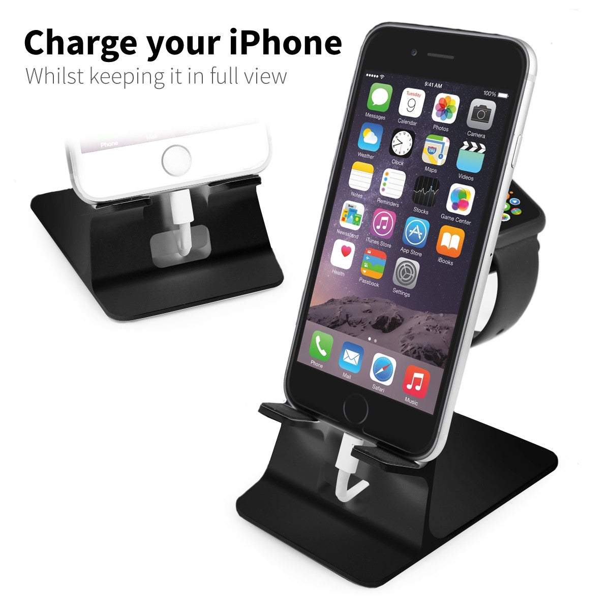 Orzly Duo-Stand Compatible with Apple Watch All Series: (SE, 6,5,4,3,2,1) & All Sizes: (38mm & 42mm & 40mm & 44mm) – Aluminium Desk Stand for iPhone & Apple Watch - Orzly