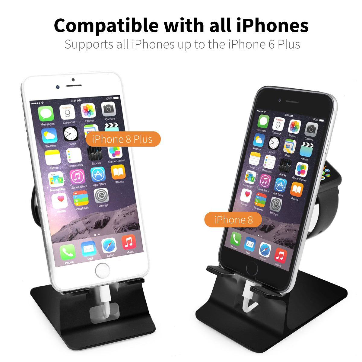 Orzly Duo-Stand Compatible with Apple Watch All Series: (SE, 6,5,4,3,2,1) & All Sizes: (38mm & 42mm & 40mm & 44mm) – Aluminium Desk Stand for iPhone & Apple Watch - Orzly