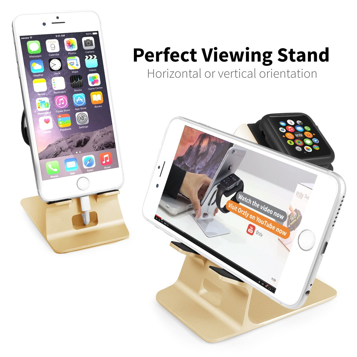 Orzly Duo-Stand Compatible with Apple Watch All Series: (SE, 6,5,4,3,2,1) & All Sizes: (38mm & 42mm & 40mm & 44mm) – Aluminium Desk Stand for iPhone & Apple Watch - Orzly