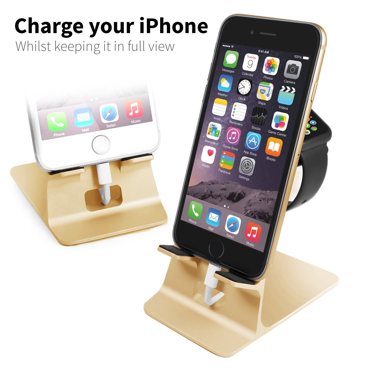 Orzly Duo-Stand Compatible with Apple Watch All Series: (SE, 6,5,4,3,2,1) & All Sizes: (38mm & 42mm & 40mm & 44mm) – Aluminium Desk Stand for iPhone & Apple Watch - Orzly