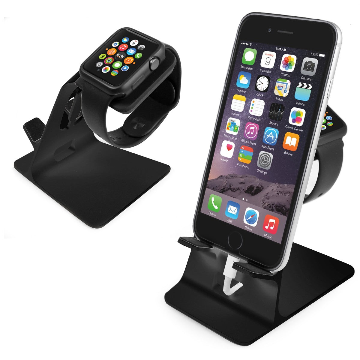 Orzly Duo-Stand Compatible with Apple Watch All Series: (SE, 6,5,4,3,2,1) & All Sizes: (38mm & 42mm & 40mm & 44mm) – Aluminium Desk Stand for iPhone & Apple Watch - Orzly