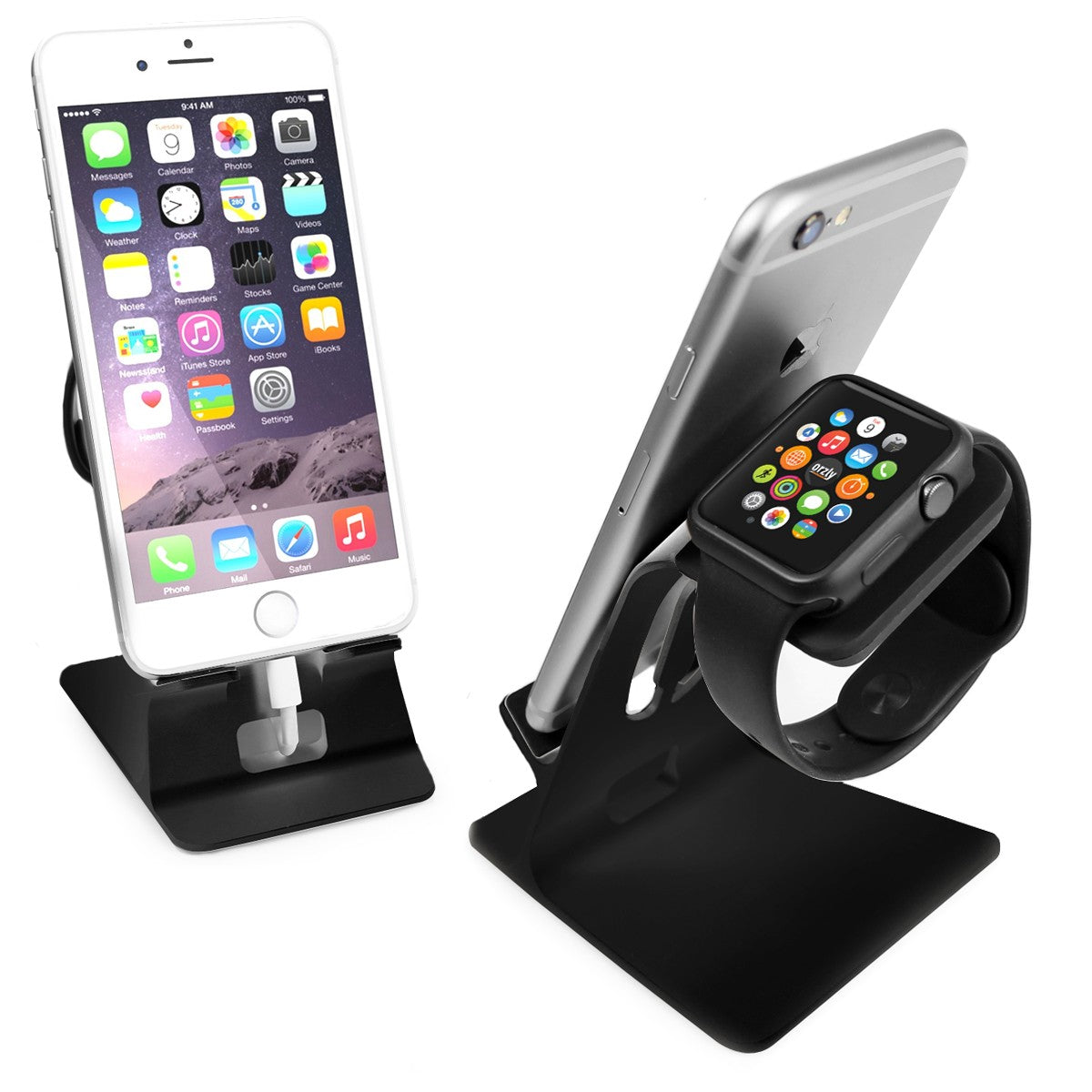 Orzly Duo-Stand Compatible with Apple Watch All Series: (SE, 6,5,4,3,2,1) & All Sizes: (38mm & 42mm & 40mm & 44mm) – Aluminium Desk Stand for iPhone & Apple Watch - Orzly