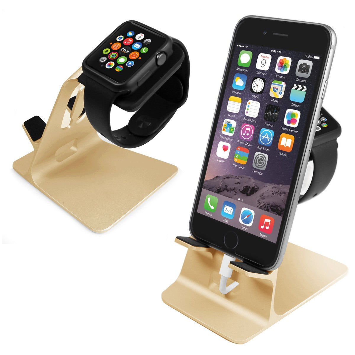 Orzly Duo-Stand Compatible with Apple Watch All Series: (SE, 6,5,4,3,2,1) & All Sizes: (38mm & 42mm & 40mm & 44mm) – Aluminium Desk Stand for iPhone & Apple Watch - Orzly