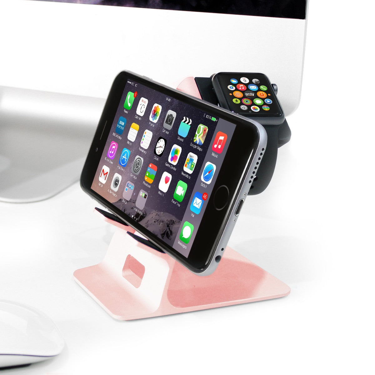 Orzly Duo-Stand Compatible with Apple Watch All Series: (SE, 6,5,4,3,2,1) & All Sizes: (38mm & 42mm & 40mm & 44mm) – Aluminium Desk Stand for iPhone & Apple Watch - Orzly