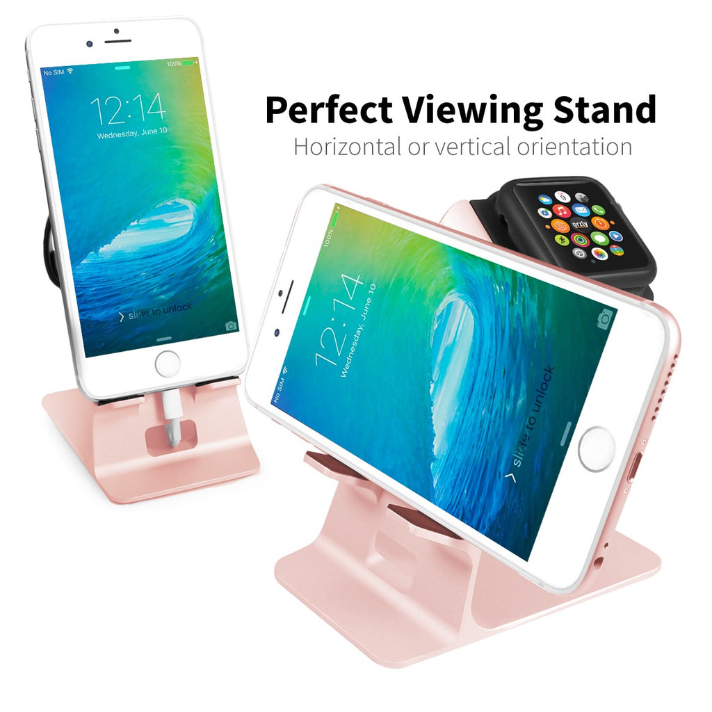 Orzly Duo-Stand Compatible with Apple Watch All Series: (SE, 6,5,4,3,2,1) & All Sizes: (38mm & 42mm & 40mm & 44mm) – Aluminium Desk Stand for iPhone & Apple Watch - Orzly