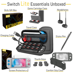 Orzly Switch Lite Accessories Bundle - compliments Pokemon Dialga & Palkia console, Case & Screen Protector for Nintendo Switch Lite Console, USB Cable, Games Holder, Comfort Grip Case, Headphones, Thumb-Grip Pack & More - Grey - Orzly