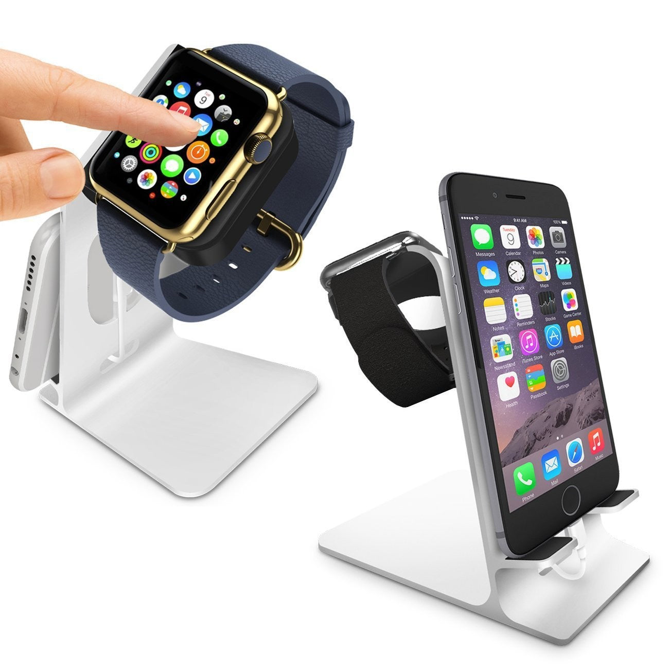 Orzly Duo-Stand Compatible with Apple Watch All Series: (SE, 6,5,4,3,2,1) & All Sizes: (38mm & 42mm & 40mm & 44mm) – Aluminium Desk Stand for iPhone & Apple Watch - Orzly