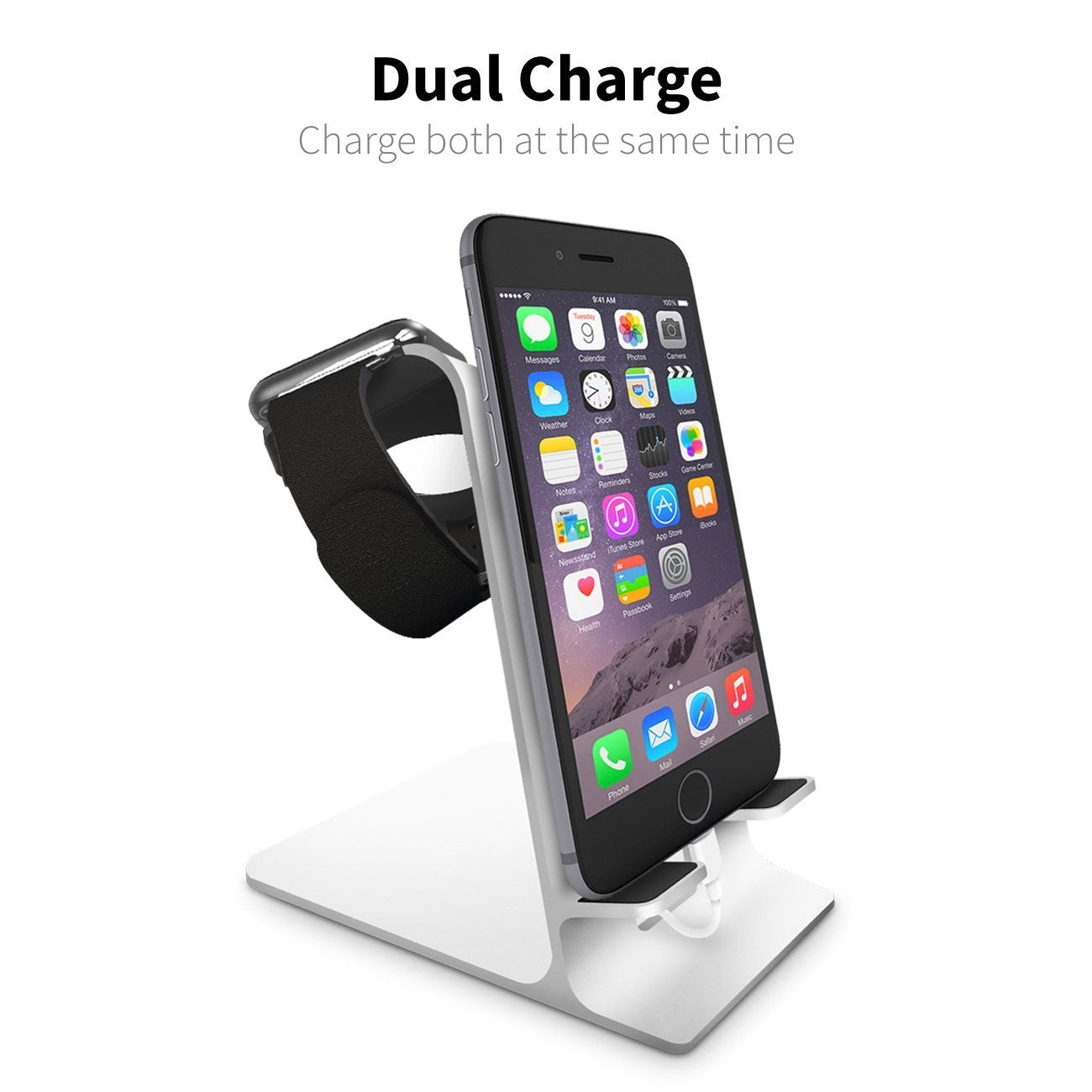 Orzly Duo-Stand Compatible with Apple Watch All Series: (SE, 6,5,4,3,2,1) & All Sizes: (38mm & 42mm & 40mm & 44mm) – Aluminium Desk Stand for iPhone & Apple Watch - Orzly