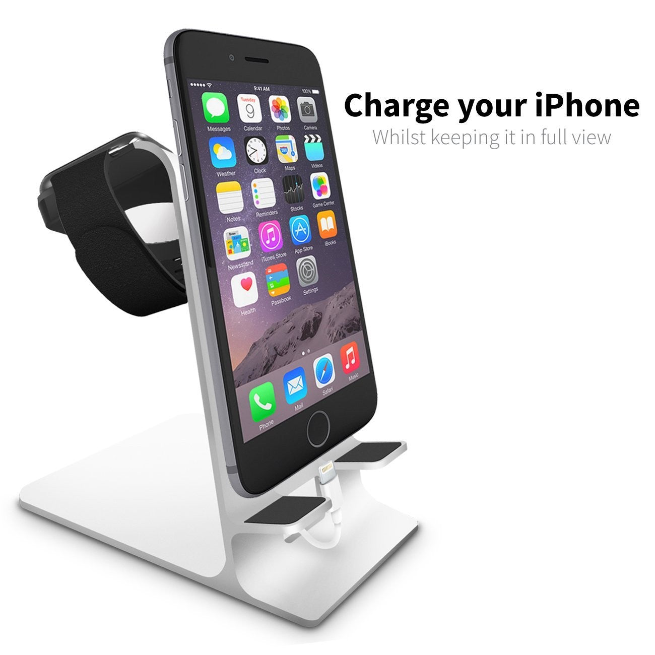 Orzly Duo-Stand Compatible with Apple Watch All Series: (SE, 6,5,4,3,2,1) & All Sizes: (38mm & 42mm & 40mm & 44mm) – Aluminium Desk Stand for iPhone & Apple Watch - Orzly