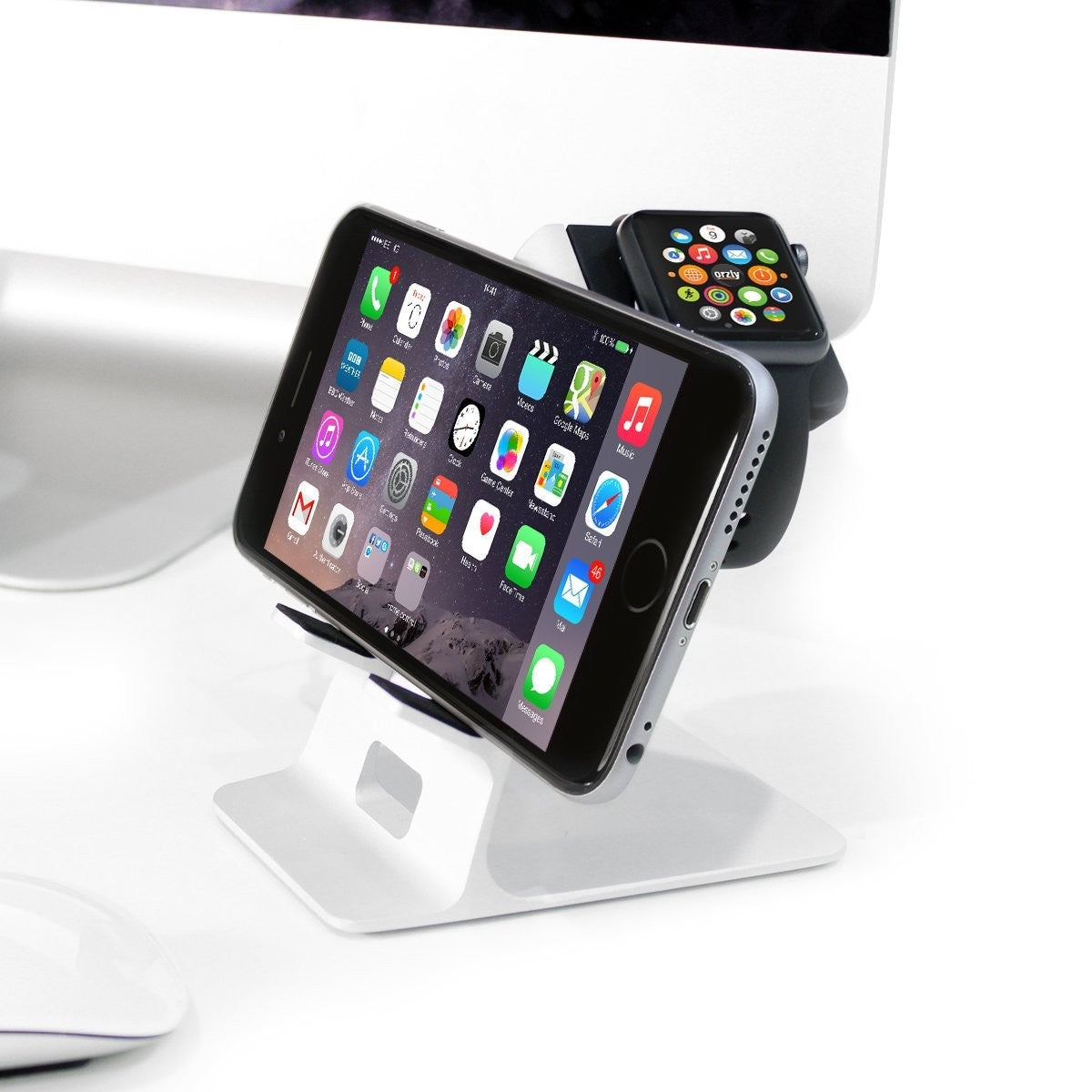 Orzly Duo-Stand Compatible with Apple Watch All Series: (SE, 6,5,4,3,2,1) & All Sizes: (38mm & 42mm & 40mm & 44mm) – Aluminium Desk Stand for iPhone & Apple Watch - Orzly