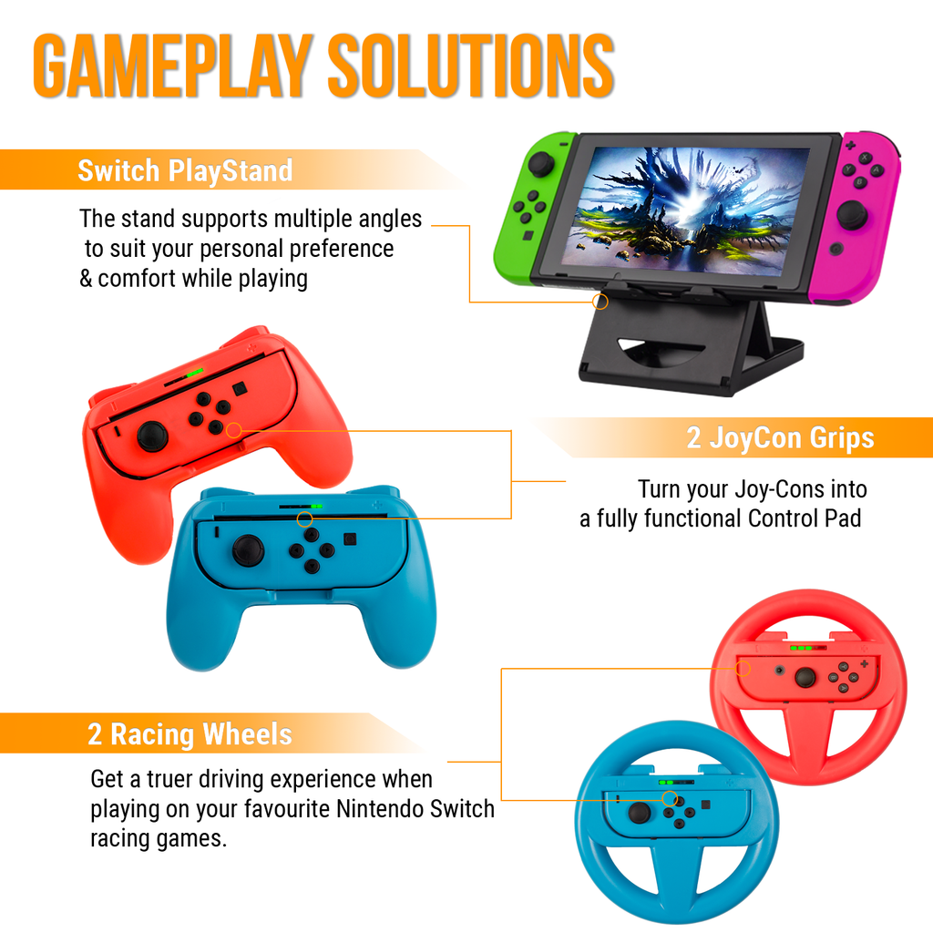 Orzly Accessories Bundle for Switch Geek Pack: Case & Screen Protector, Joycon Grips & Racing Wheels, Controller Charge Dock, Comfort Grip Case & More - Orzly